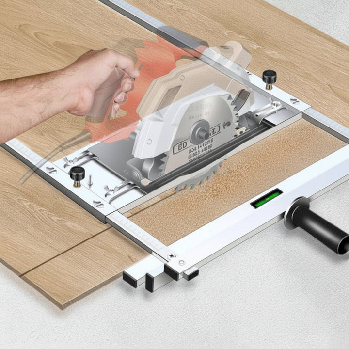 Guía de corte para sierra circular, accesorio de carpintería que asegura precisión y rapidez en proyectos de madera y bricolaje.