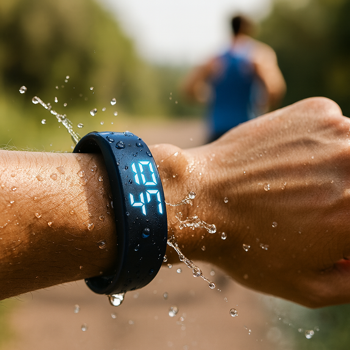 Pantalla digital brillante de smartwatch fitness. Muestra datos de actividad y notificaciones claras. Resistente al agua.