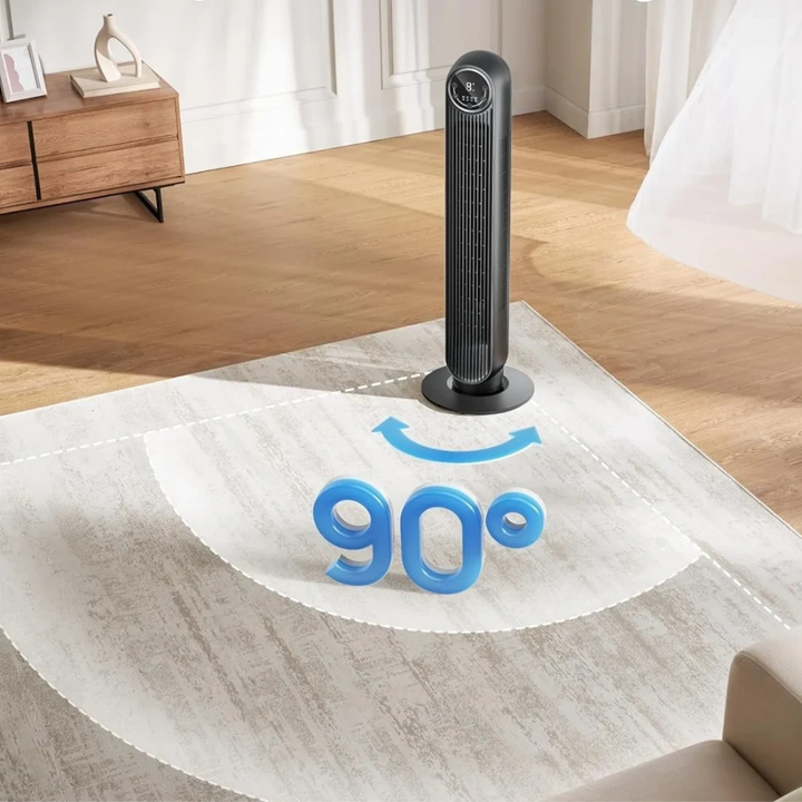Moderno ventilador de torre oscilante silencioso con control remoto para una fresca brisa en cualquier habitación.