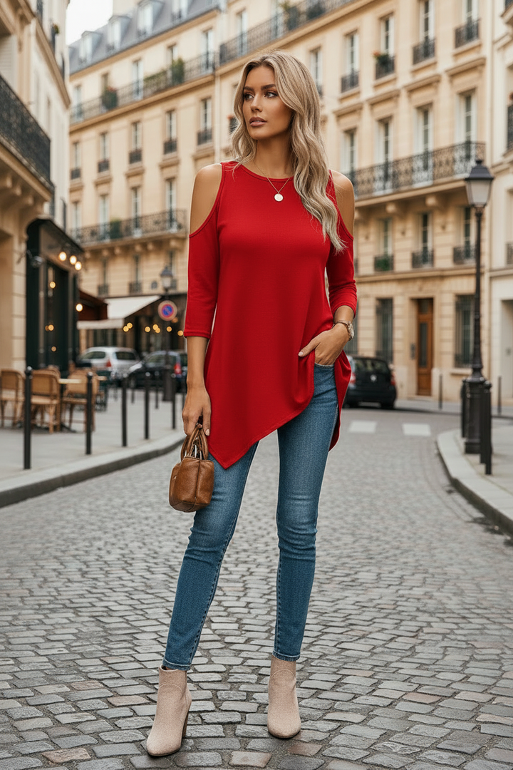 Blusa fluida asimétrica mujer, con hombros descubiertos, un toque elegante a tu estilo.
