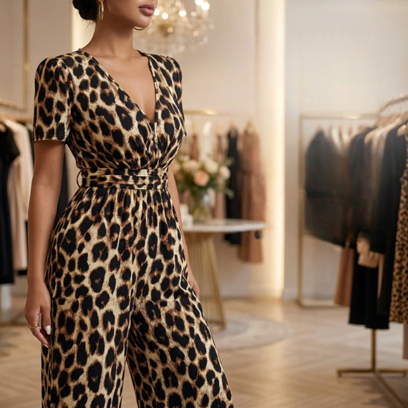 Mono fluido de mujer con estampado de leopardo y escote en V. Prenda casual y elegante de moda para verano.