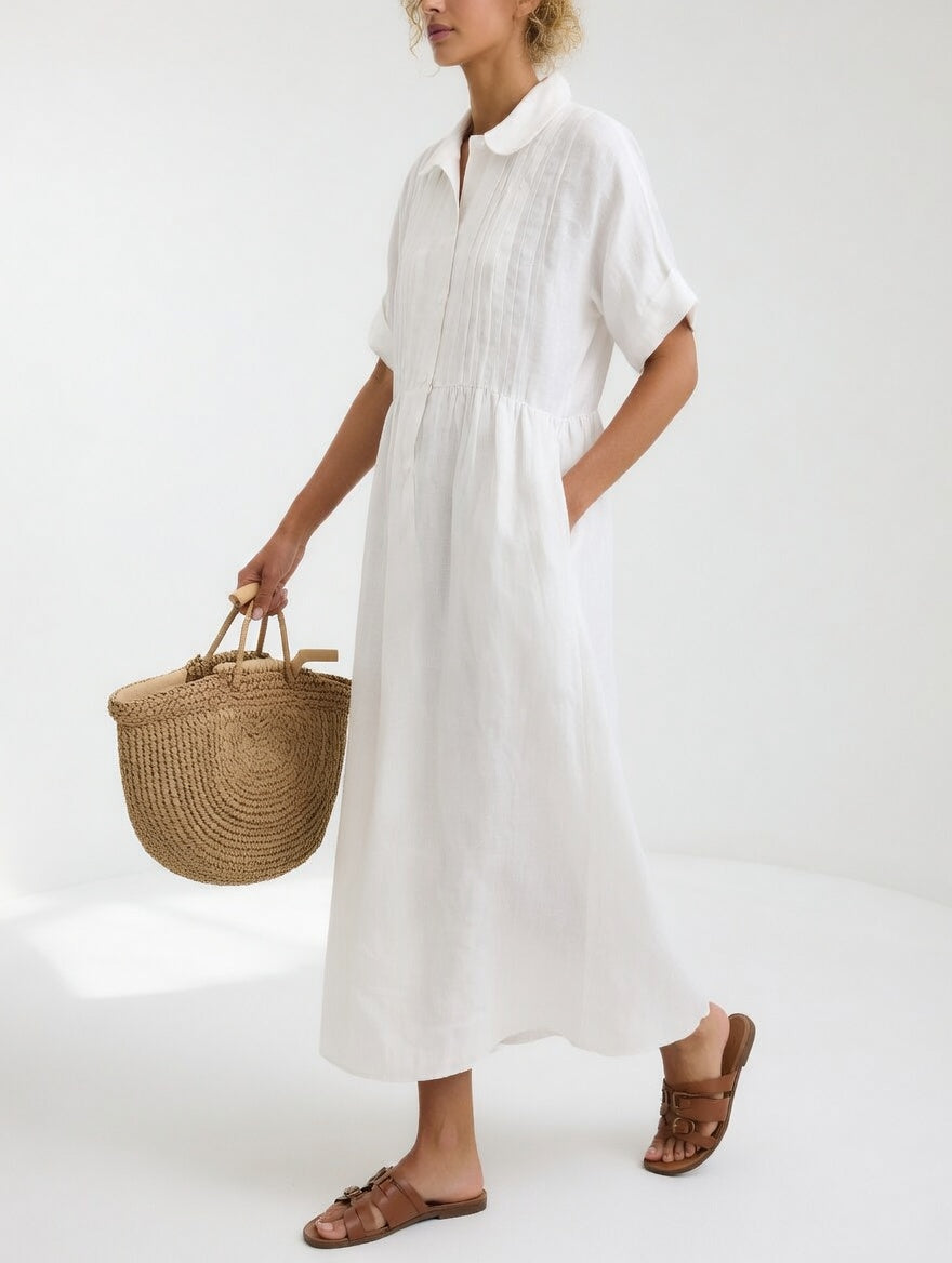 Vestido camisero fluido midi para mujer, ideal verano. Estilo casual elegante, transpirable y cómodo para playa.