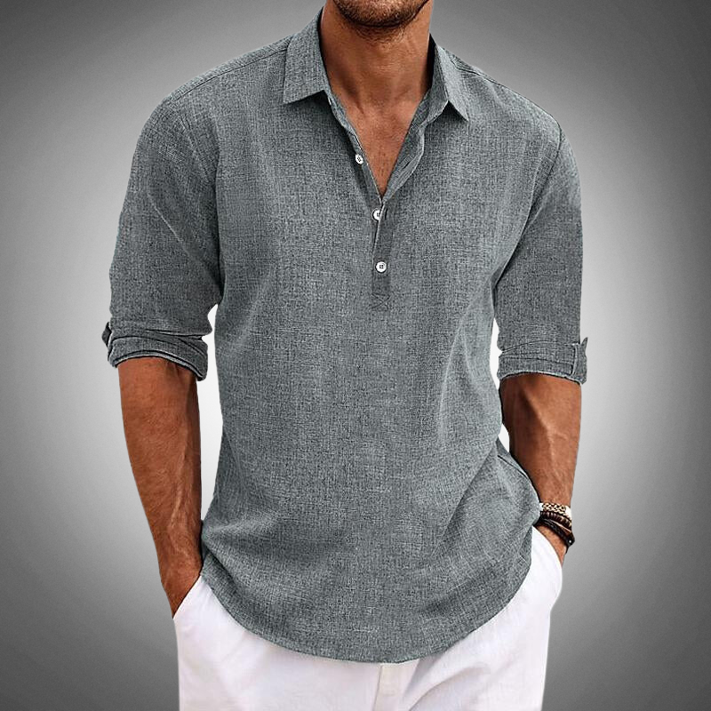 Camisa de lino gris hombre, transpirable y cómoda. Perfecta para primavera-verano, look casual moderno.