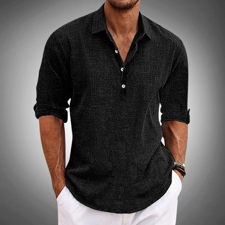 Camisa de lino negra clásica para hombre, manga larga. Versátil, ideal para eventos casuales y moda atemporal.