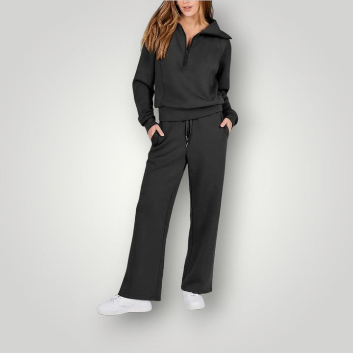 Detalle de tejido suave del suéter y jogger de un conjunto loungewear femenino, ideal para el relax.