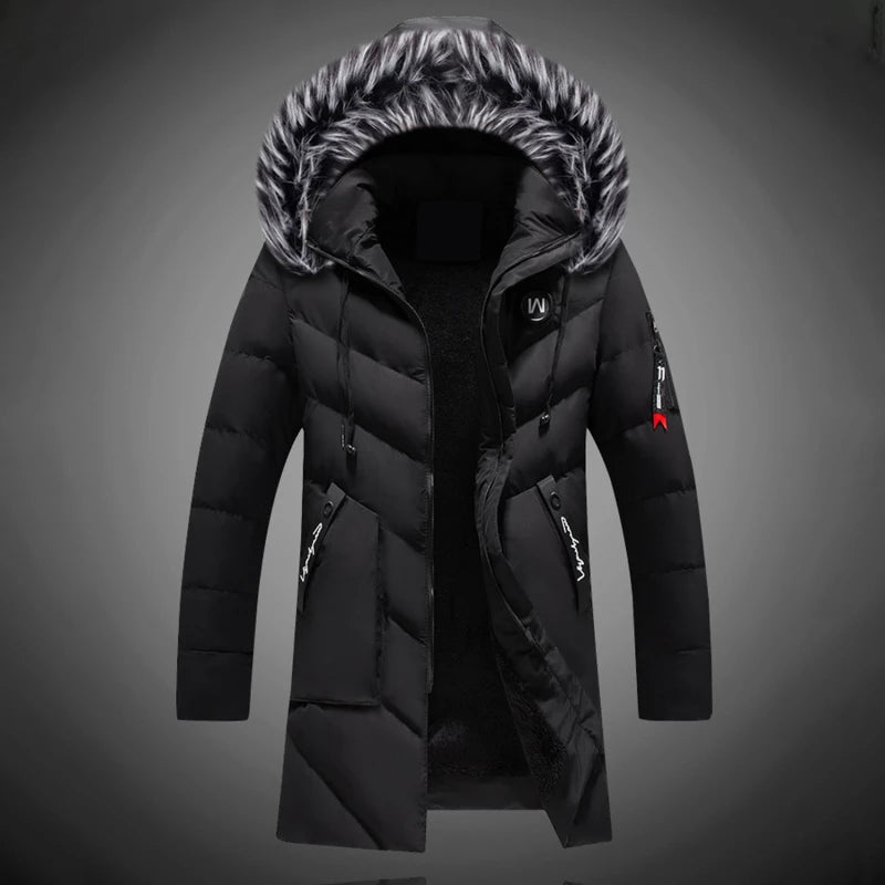 Abrigo de invierno para hombre con capucha, cálido y elegante. Protege del frío con estilo casual. Moda masculina.