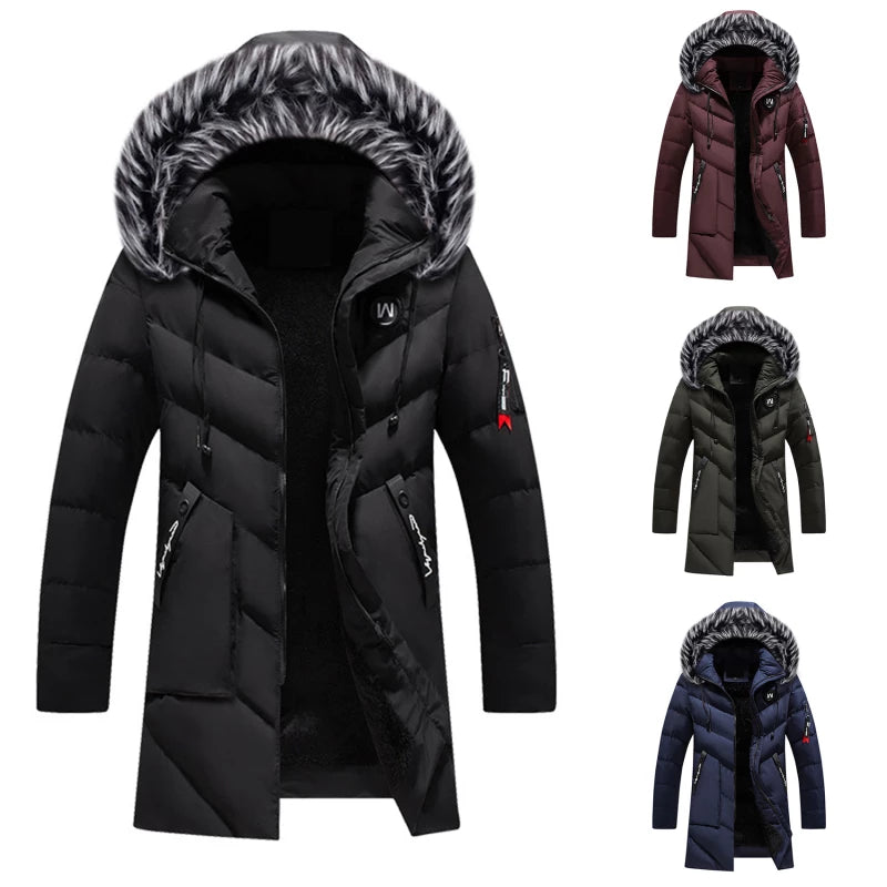 Vista trasera de abrigo de invierno para hombre. Capucha integrada, cálido y elegante. Esencial para protección frío.
