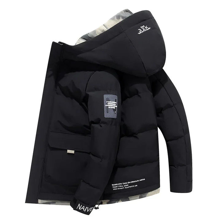 Chaqueta acolchada de invierno para hombre con capucha, estilo casual y térmica, ideal para el frío.