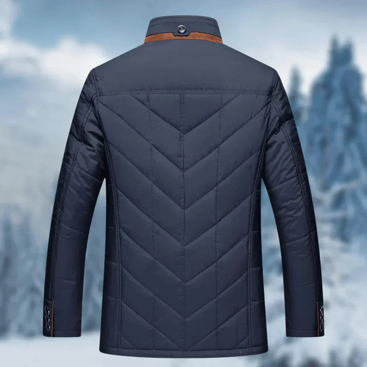 Abrigo de invierno para hombre, muy cálido con cuello alto, cremallera frontal y tejido resistente.