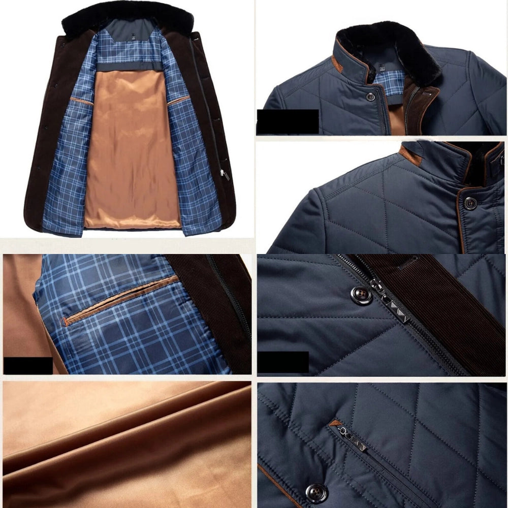 Cierre de cremallera en chaqueta de invierno para hombre, con cuello alto protector y diseño acolchado.