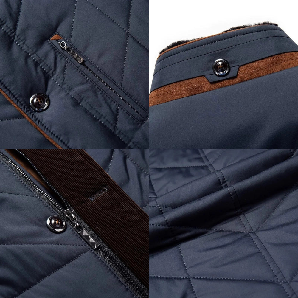 Ropa exterior de invierno para hombre, cálida y resistente, con cuello alto y cremallera para protección.