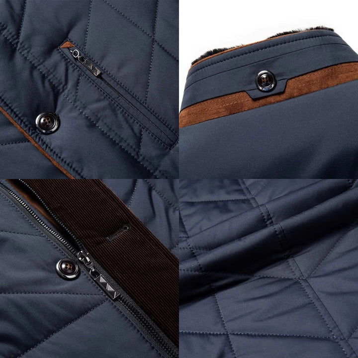 Ropa exterior de invierno para hombre, cálida y resistente, con cuello alto y cremallera para protección.