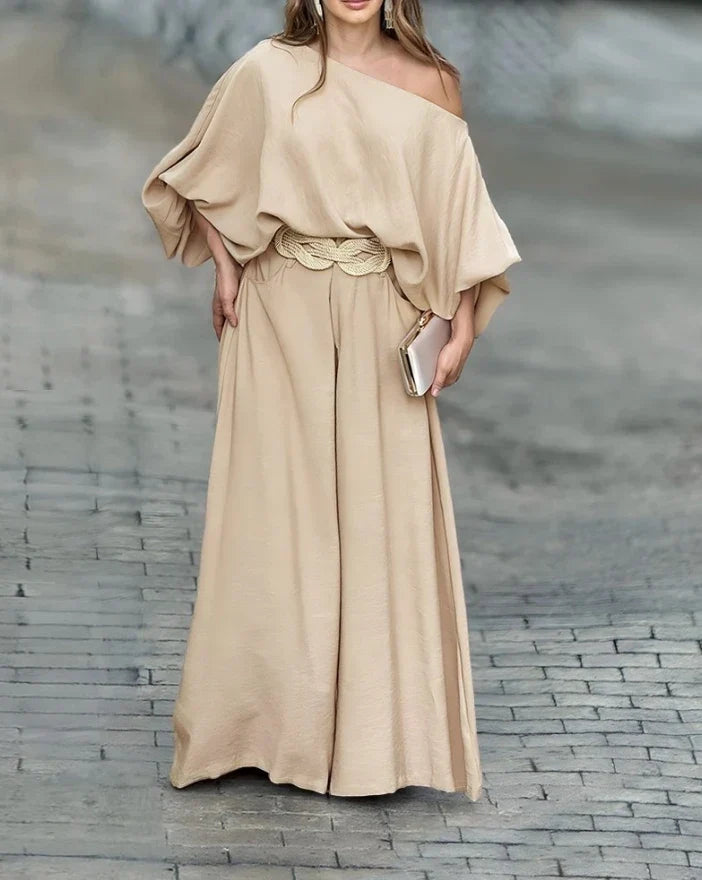 Conjunto elegante de 2 piezas para mujer: blusa manga farol y pantalón ancho. Ideal primavera-verano.