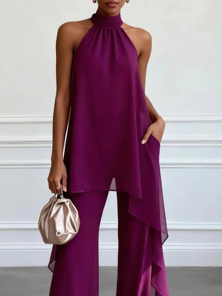 Set de pantalón y top halter elegante para mujer. Conjunto dos piezas ideal para eventos, fiestas o look formal.