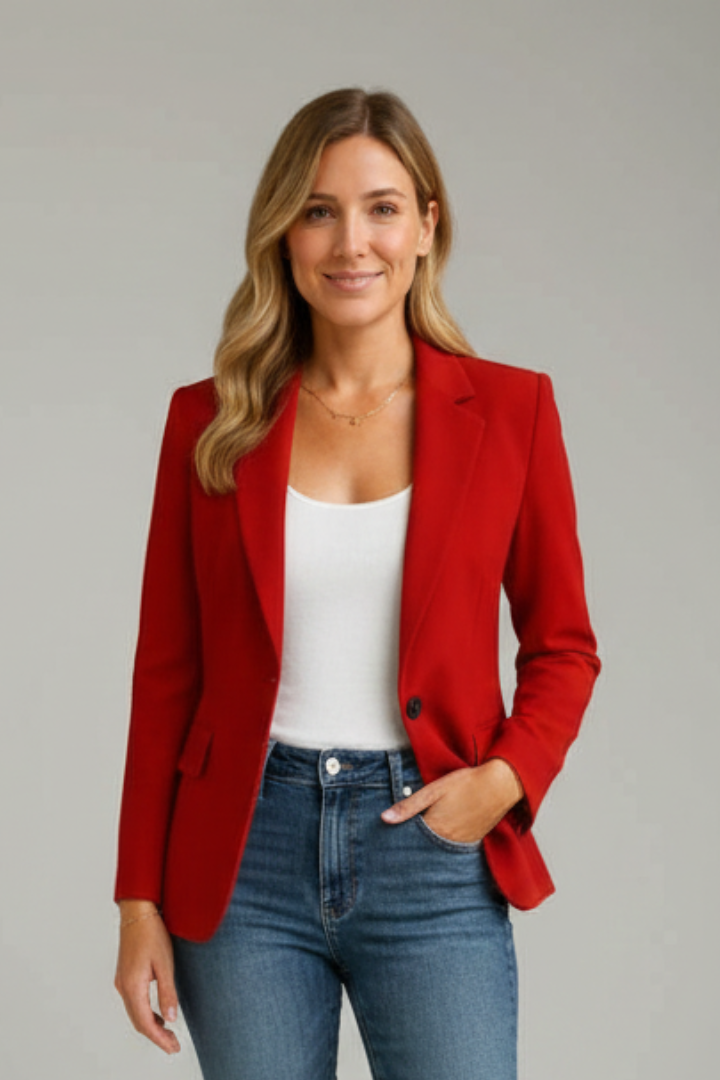 Chaqueta formal femenina de corte estilizado y un botón, perfecta para moda casual o trabajo.