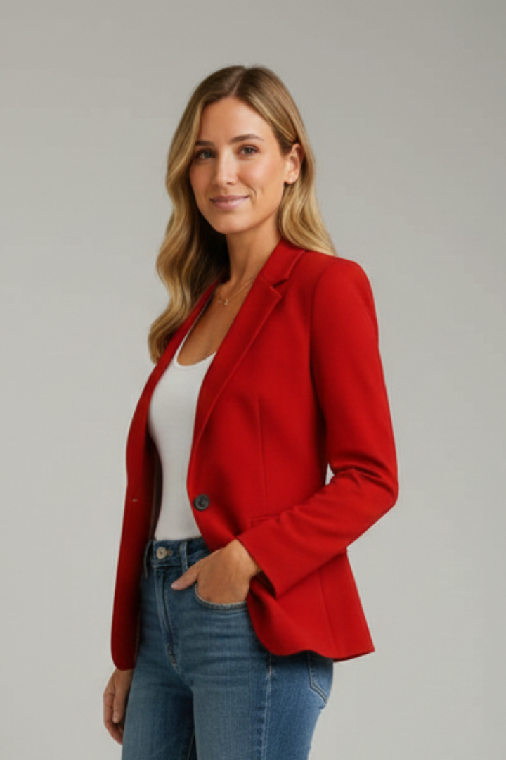 Blazer femenino formal con solapa y corte estilizado, prenda versátil para moda de oficina.