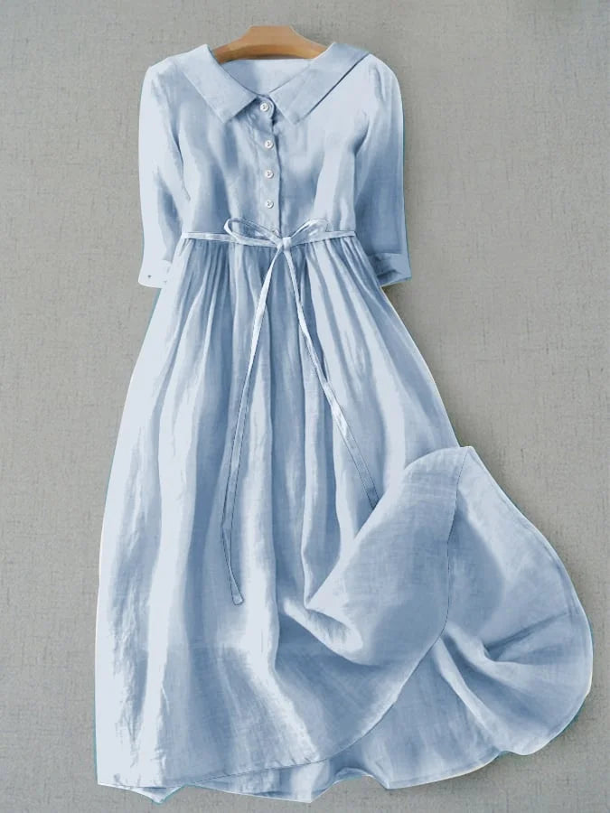 Vestido midi azul elegante para mujer, estilo versátil y cintura ajustable, perfecto para verano y moda casual.