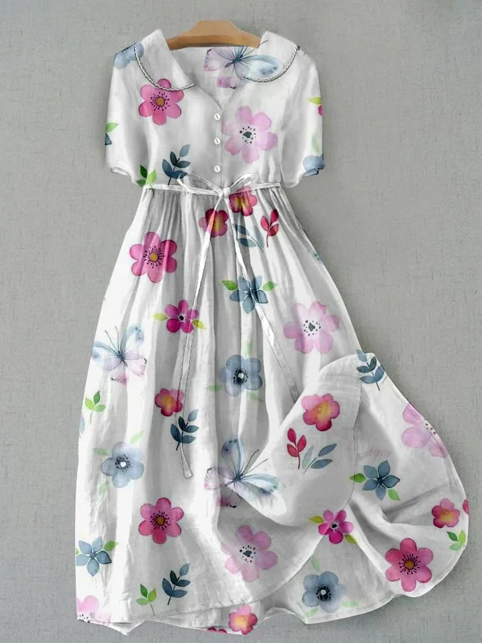 Vestido floral vintage midi de algodón y lino para mujer, estilo casual elegante, perfecto para verano.