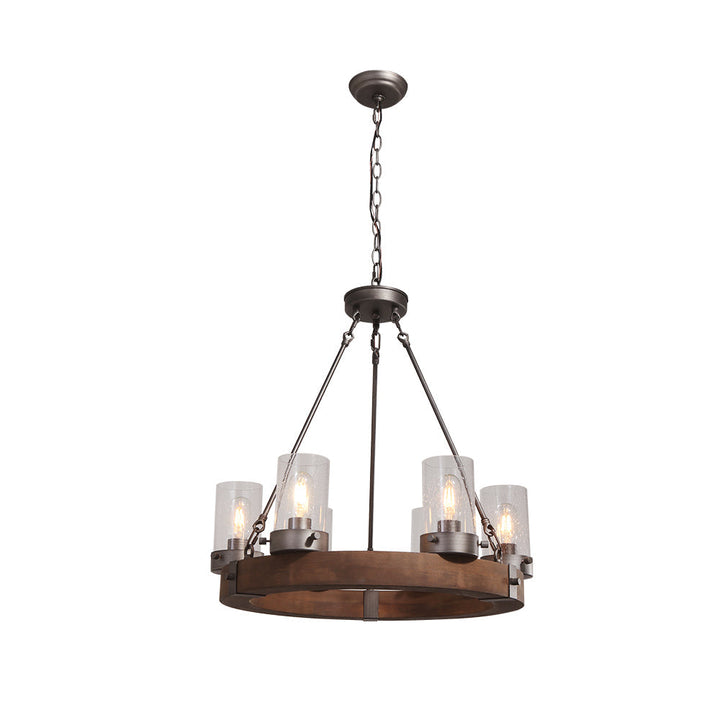 Lámpara de techo rústica de 6 luces, diseño granja moderna. Candelabro estilo rueda de carro de metal.