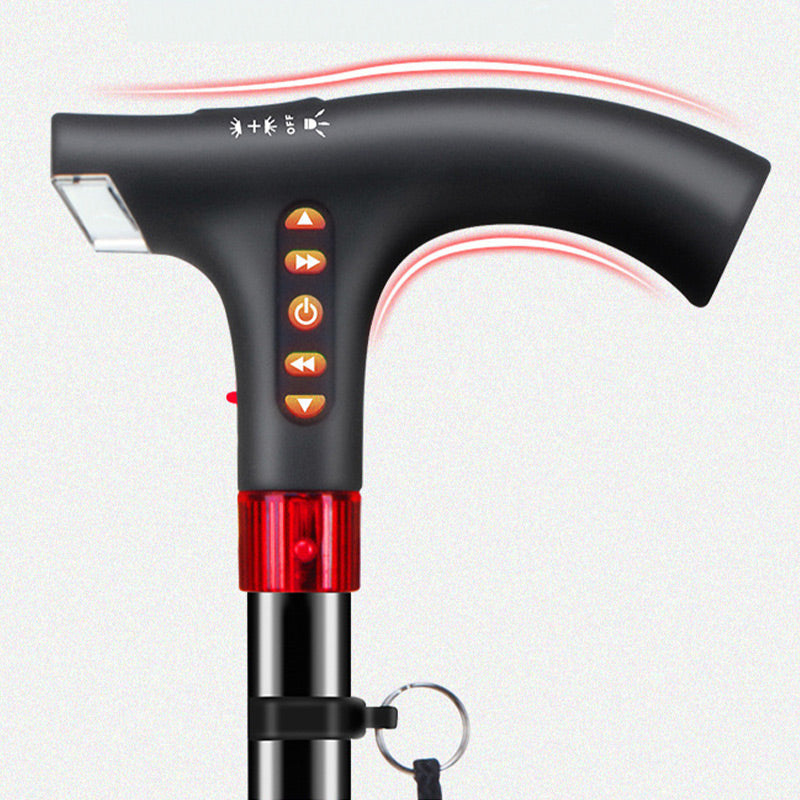 Bastón inteligente para adultos mayores con luz LED integrada y radio; ideal para seguridad y movilidad.