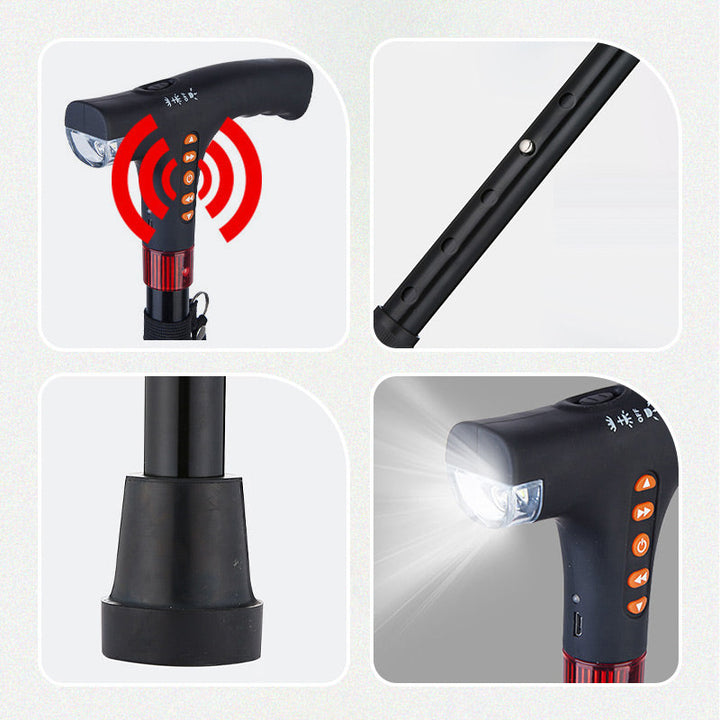 Bastón inteligente con luz LED y radio, diseñado para adultos mayores; ofrece seguridad y asistencia en movilidad.
