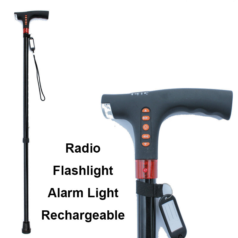 Bastón inteligente con luz LED y radio para adultos mayores; brinda seguridad, movilidad y asistencia en cada caminata.