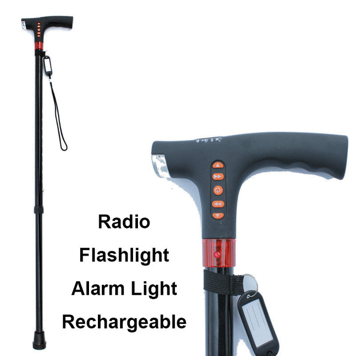 Bastón inteligente con luz LED y radio para adultos mayores; brinda seguridad, movilidad y asistencia en cada caminata.