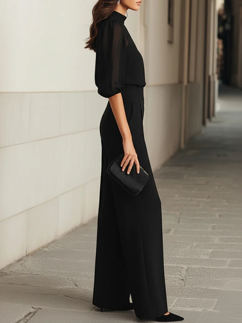 Conjunto negro elegante de mujer, perfecto para fiesta y ocasión especial. Ropa formal moderna.