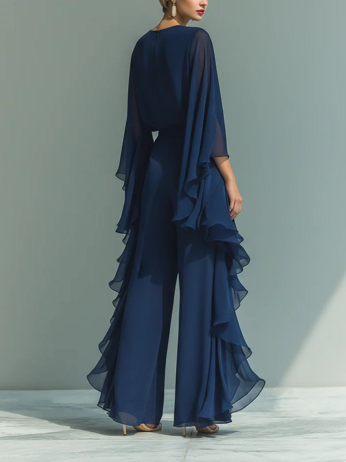 Conjunto de mujer elegante con volantes en gasa. Perfecto para un look sofisticado y versátil de día o noche.