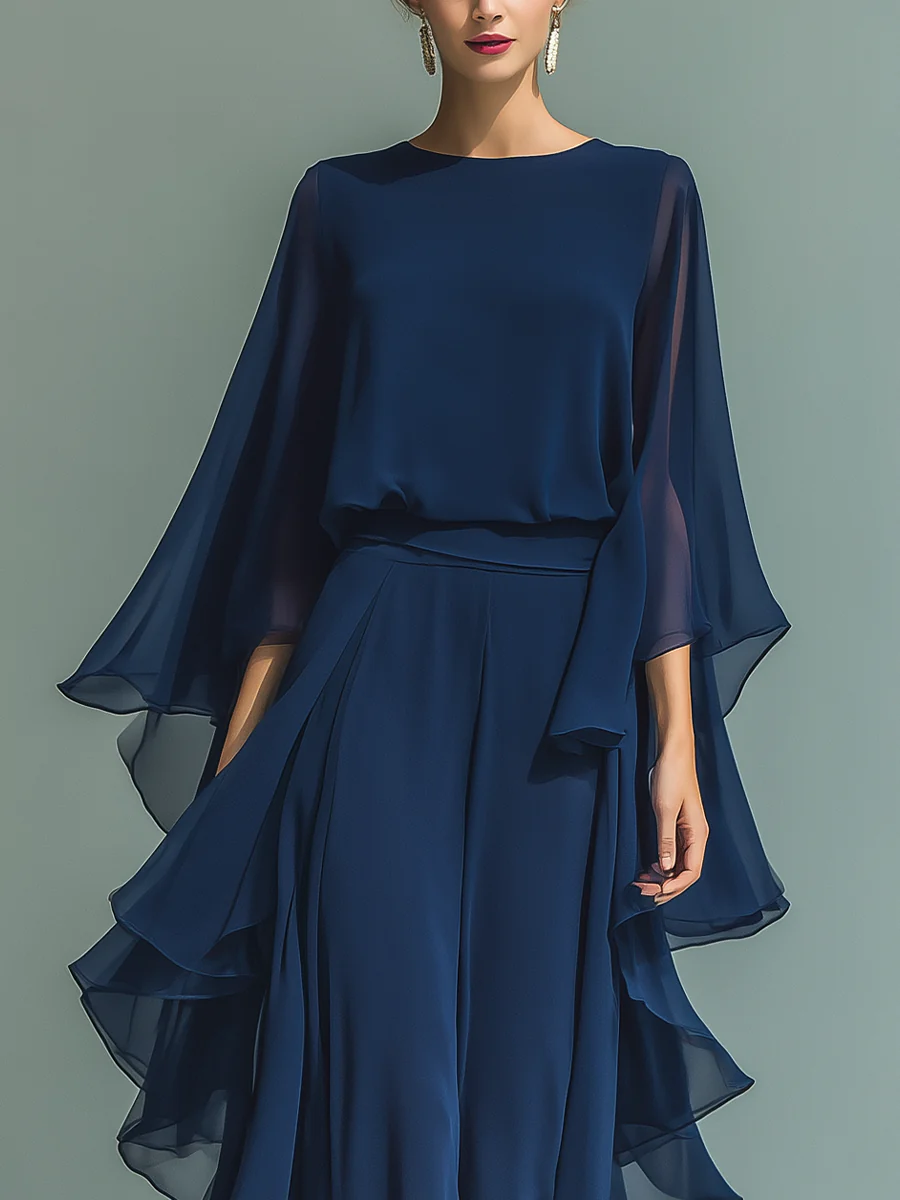 Blusa y falda de gasa fluida con volantes, conjunto femenino y casual elegante para mujer. Ropa de verano.