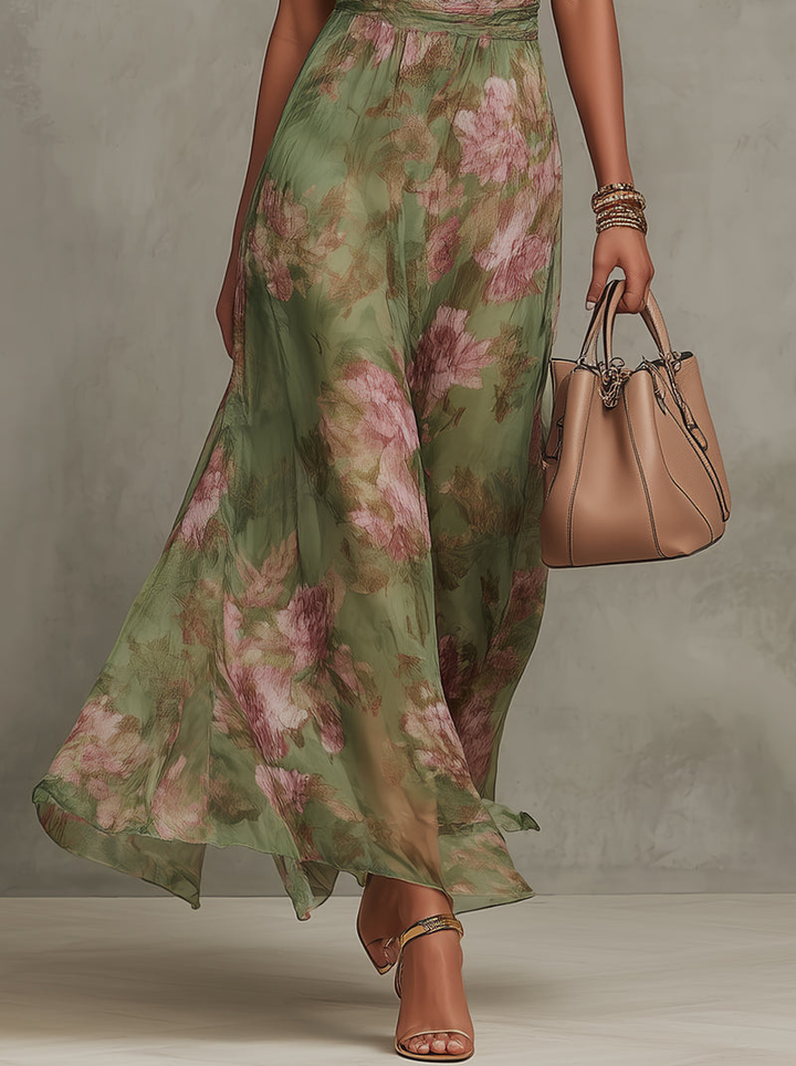 Maxi vestido halter tropical para mujer, con estampado floral vibrante. Ideal para estilo de playa y ropa de verano.