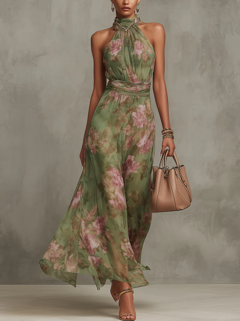 Vestido maxi halter floral tropical para mujer, perfecto para la playa y el verano. Estilo fresco y vibrante.