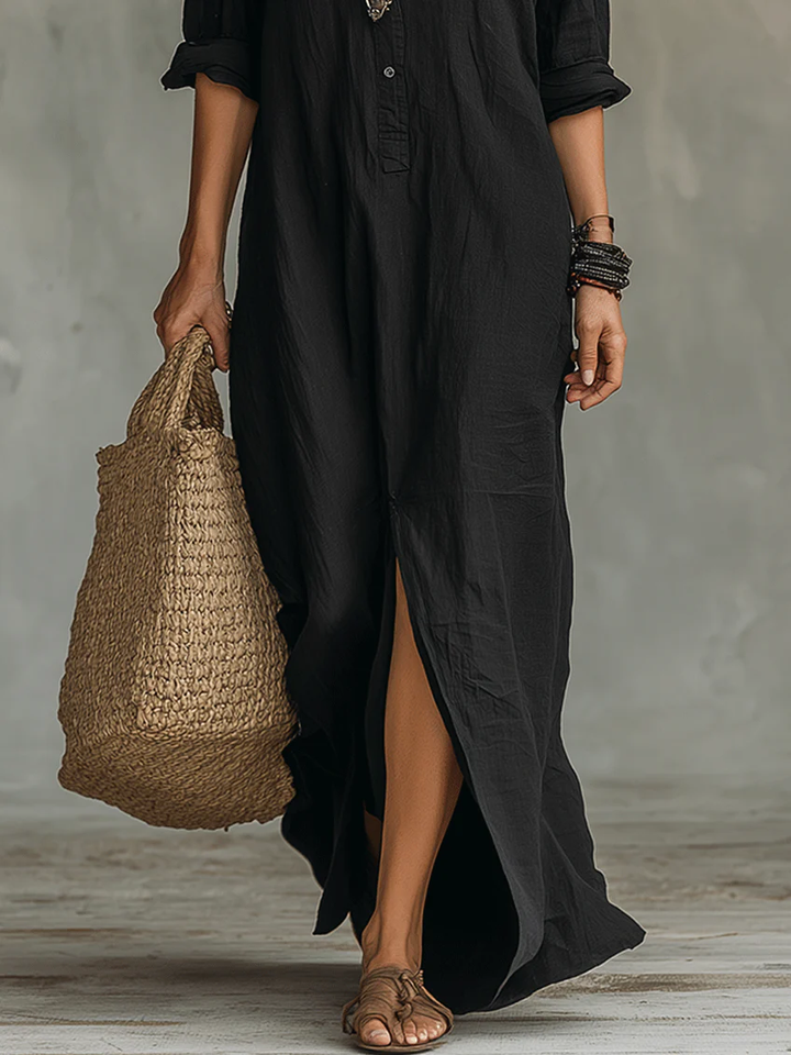 Vestido largo de mujer estilo camisero, elegante y fluido. Con botones, ideal para un look casual o de oficina.
