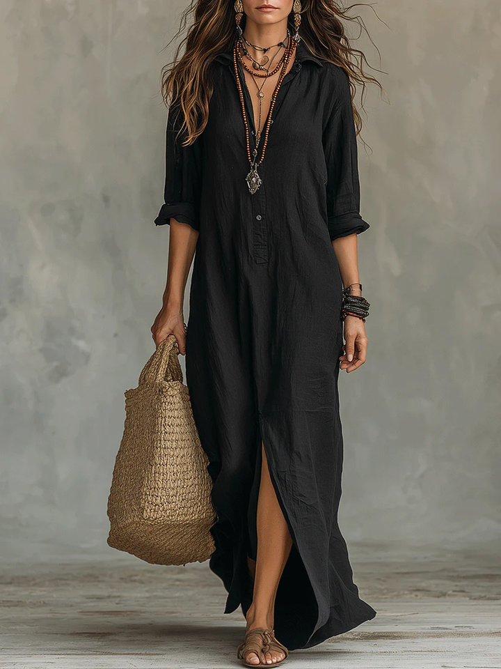 Vestido largo camisero fluido para mujer, ideal para un estilo elegante y atemporal. Perfecto para primavera/verano.