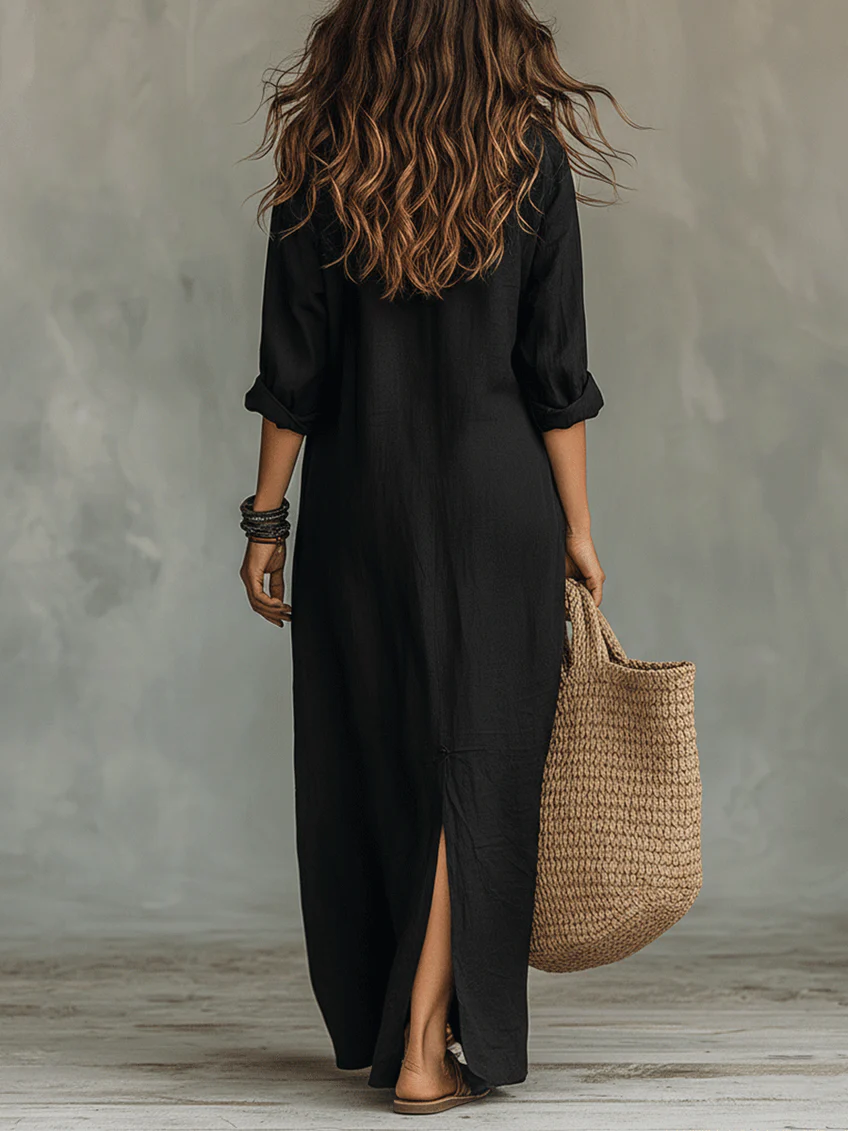 Elegante vestido largo camisero para mujer, con tela fluida, ideal para look casual o formal. Estilo atemporal.