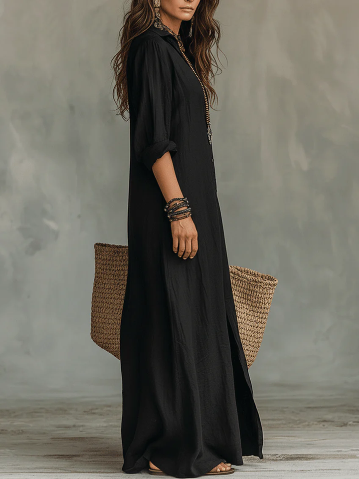 Vestido maxi de mujer con diseño camisero y botones. Estilo fluido, casual y chic para días de verano.