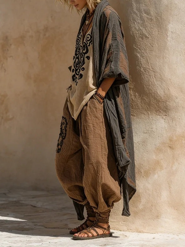 Conjunto de mujer versátil: tres piezas bohemias con pantalones anchos, blusa y cárdigan. Ideal para ropa casual.