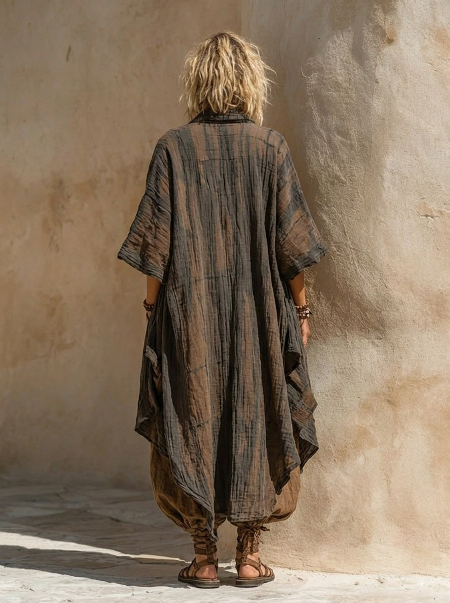 Look relajado de verano: conjunto femenino de tres piezas boho chic. Blusa, pantalón ancho y cárdigan. Estilo nómada.