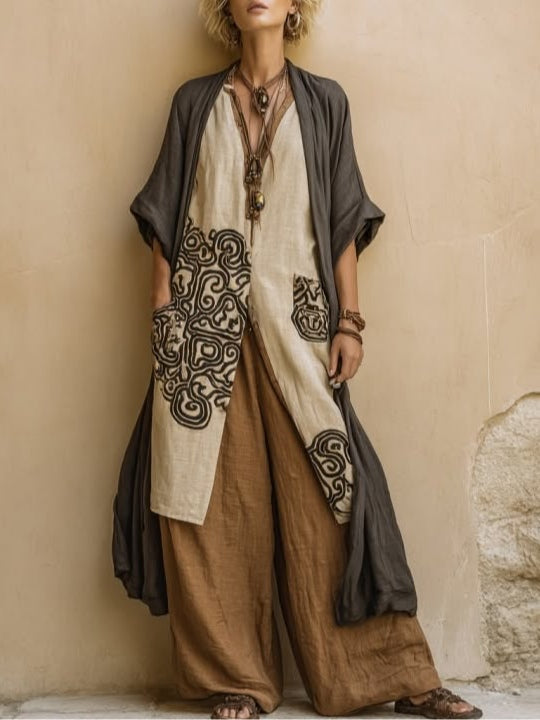 Conjunto bohemio de tres piezas para mujer, estilo relajado perfecto para vacaciones de verano o primavera.