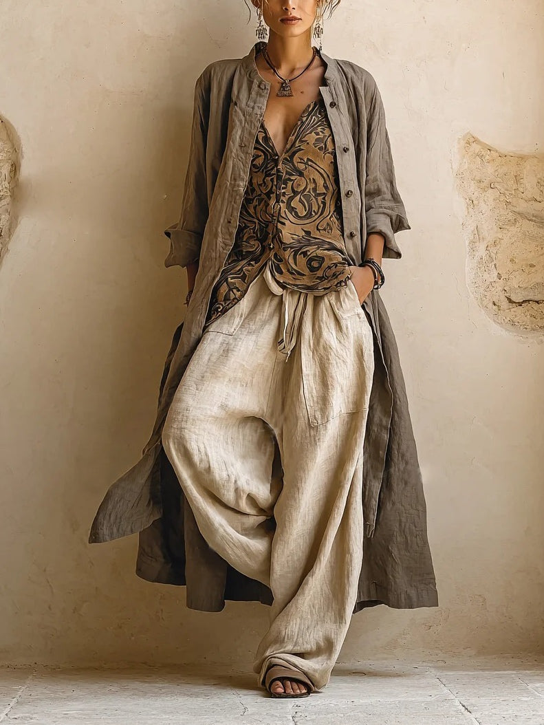 Conjunto mujer 3 piezas estilo étnico: cárdigan, top estampado y pantalón ancho. Ideal para moda boho de verano.