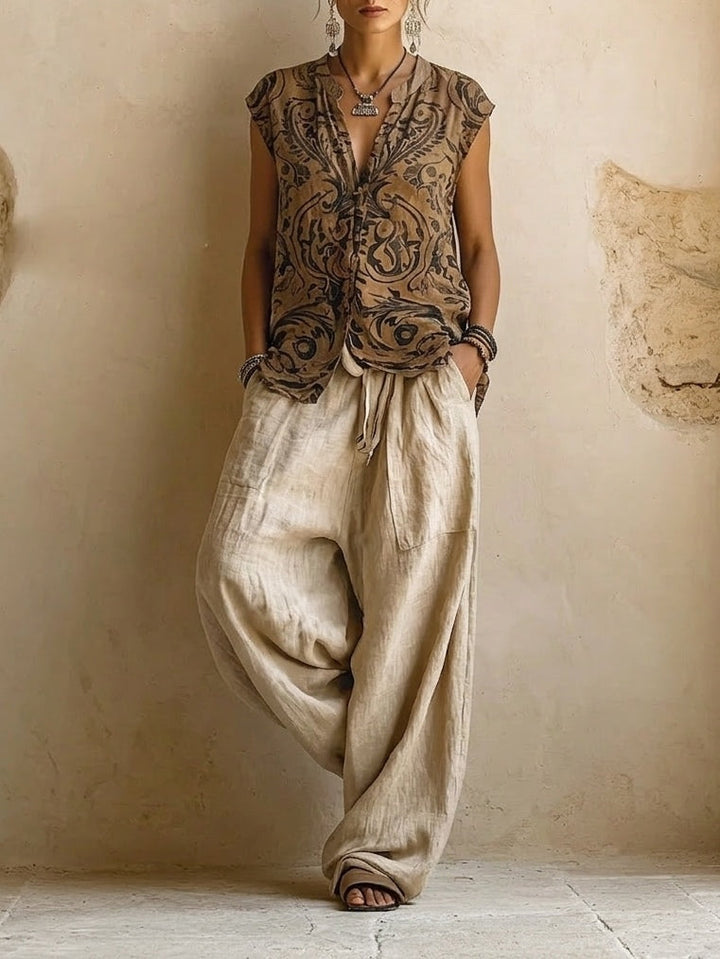 Conjunto casual elegante mujer 3 piezas: cárdigan, top étnico y pantalón ancho. Cómodo y chic para primavera.
