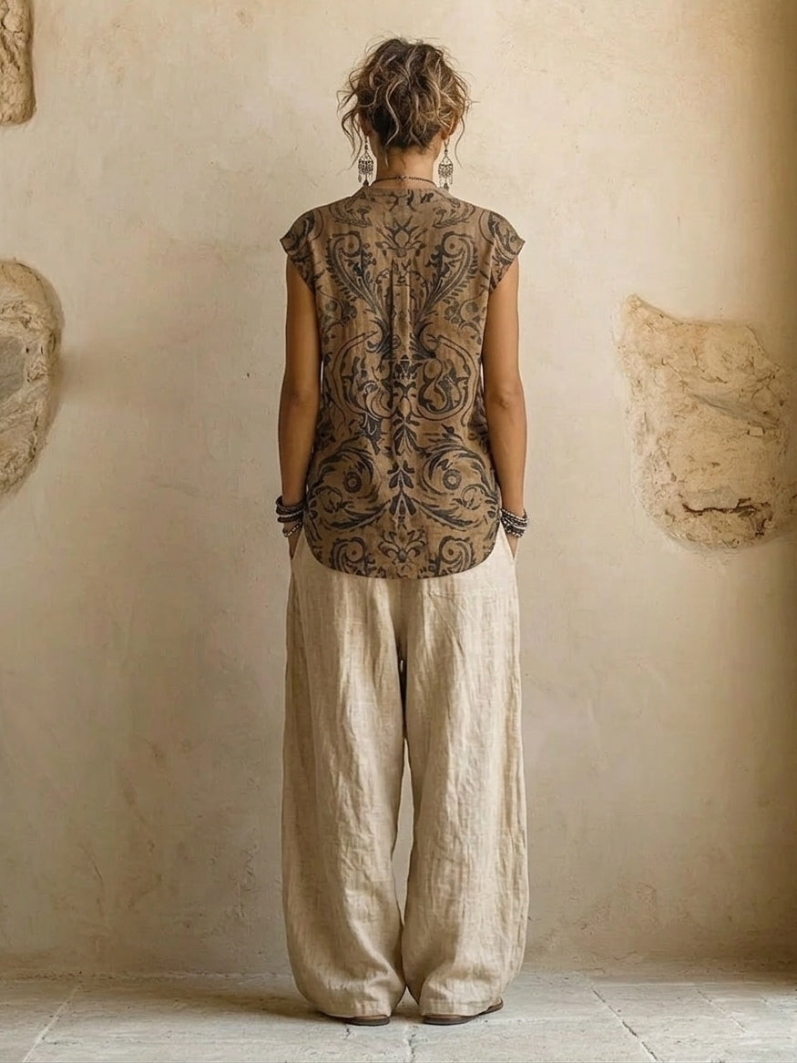 Conjunto femenino de 3 piezas con top étnico estampado, cárdigan y pantalón ancho. Ropa boho cómoda y versátil.