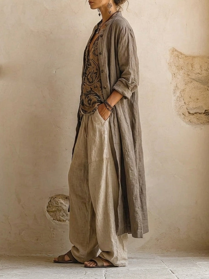 Moda boho para mujer: conjunto 3 piezas con cárdigan, top estampado y pantalón ancho. Estilo étnico para verano.