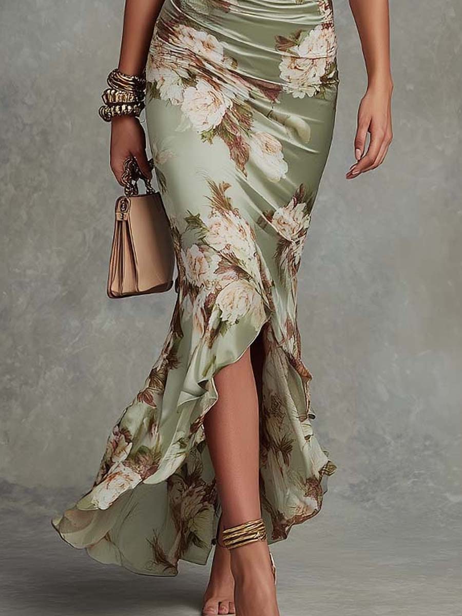 Vista frontal de vestido largo de satén floral para mujer. Escote en V, ideal para invitada de boda o fiesta.