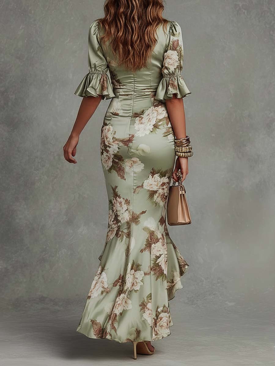 Vestido de mujer en satén floral, largo, con escote en V. Diseño elegante ideal para primavera y verano.