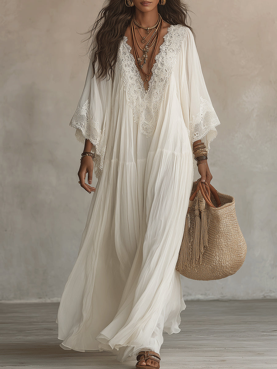 Vestido maxi bohemio elegante para mujer con encaje y escote V. Estilo versátil perfecto para primavera y verano.