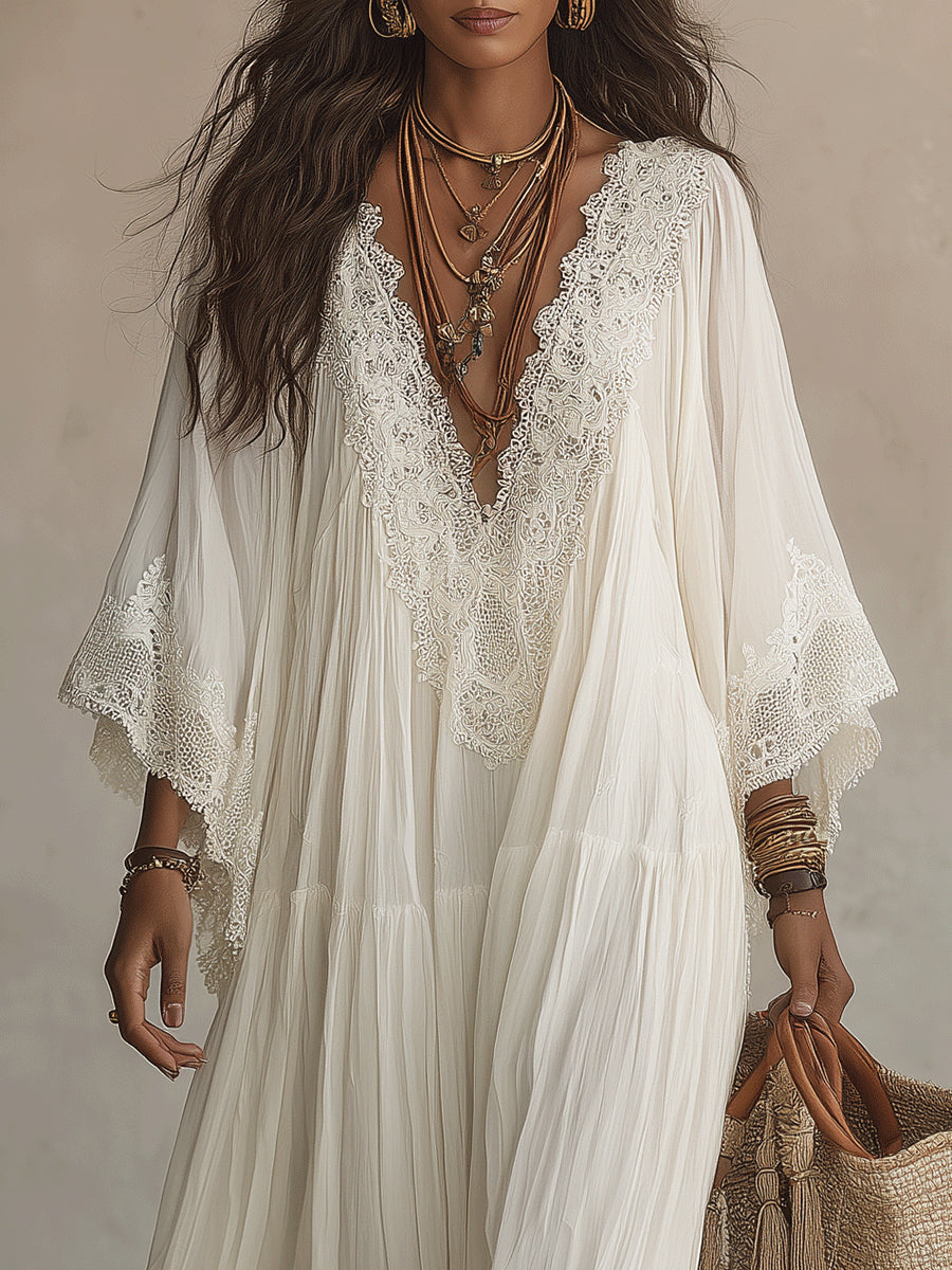 Elegante vestido largo bohemio para mujer con detalles de encaje y escote V. Ideal para verano, playa y eventos casuales.