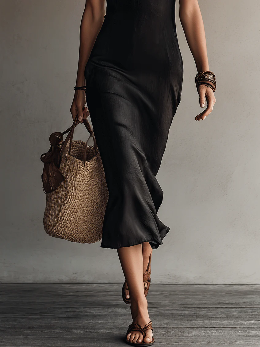 Vestido midi negro versátil de mujer con encaje, perfecto para verano, eventos o looks casuales y elegantes.