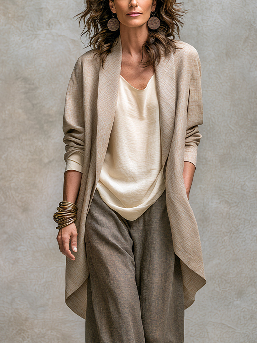 Ropa de mujer versátil: conjunto de 3 piezas con chaqueta larga, pantalón ancho y blusa para estilo casual o formal.