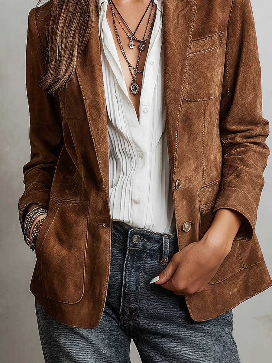 Chaqueta mujer vintage elegante, con costuras de contraste. Ideal para un look retro y casual.